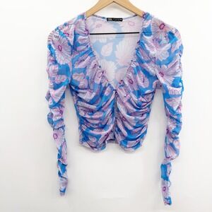 Zara Sheer Mesh Floral Ruched Top in Blue Purple Floral Print Size Small